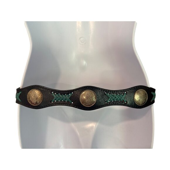 Vtg Womens Belt Sz S/M Black Leather Western Cowgirl Scalloped Silver Medallions main image 10